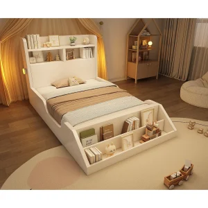 Eenpersoonsbed voor kinderen 90×200 cm in hout met nachtlampjes en plankje – Wit (matras niet inbegrepen) Eenpersoonsbed voor kinderen 90×200 cm in hout met nachtlampjes en plankje – Wit (matras niet inbegrepen)