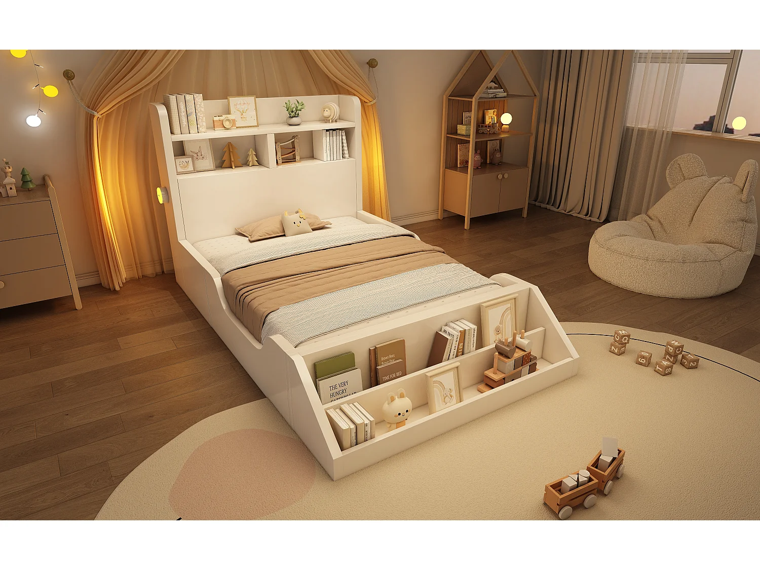Eenpersoonsbed voor kinderen 90x200 cm in hout met nachtlampjes en plankje - Wit (matras niet inbegrepen)