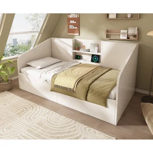 Eenpersoons opbergbed 90×200 cm met USB/Type-C-poorten – Wit hout Eenpersoons opbergbed 90×200 cm met USB/Type-C-poorten – Wit hout