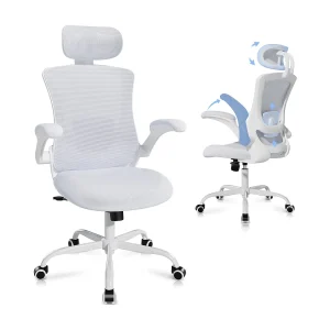 Ergonomische bureaustoel – Hoge rugleuning van mesh, verstelbare lendensteun en hoofdsteun – Wit Ergonomische bureaustoel – Hoge rugleuning van mesh, verstelbare lendensteun en hoofdsteun – Wit