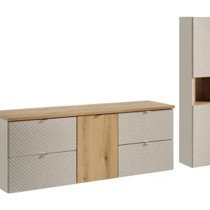 Ensemble AOKI : meubel onder wastafel met lades + wasmand + eiken wastafelblad + kolomkast Ensemble AOKI : meubel onder wastafel met lades + wasmand + eiken wastafelblad + kolomkast