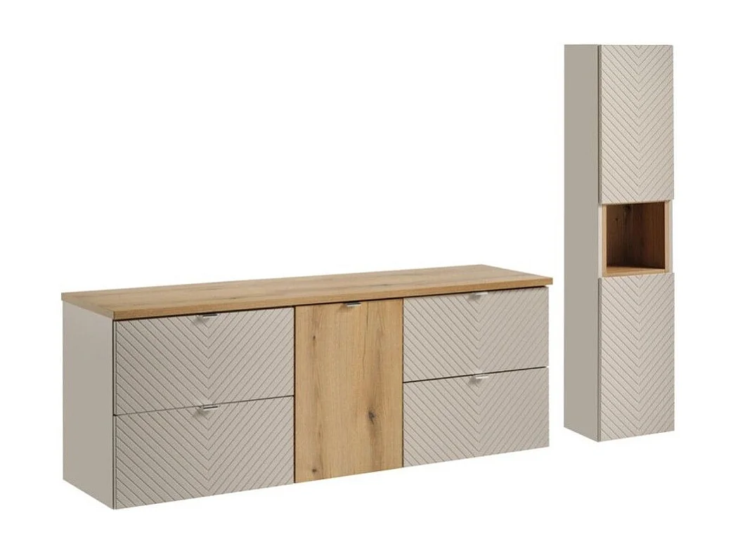 Ensemble AOKI : meubel onder wastafel met lades + wasmand + eiken wastafelblad + kolomkast