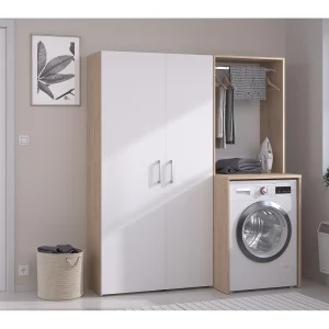 Wasmachinekast met opbergruimte, licht naturel en wit, B156 x H184, ERKANO Wasmachinekast met opbergruimte, licht naturel en wit, B156 x H184, ERKANO