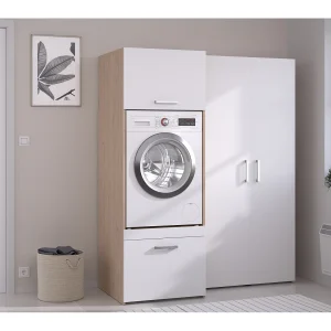 Wasmachinemeubel met opbergruimte, licht naturel en wit, B156 x H184, ERKANO Wasmachinemeubel met opbergruimte, licht naturel en wit, B156 x H184, ERKANO