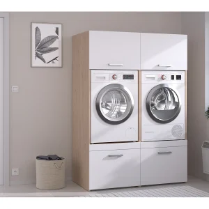 Meubel voor 2 wasmachines met kasten, licht naturel en wit, B128 x H184, ERKANO Meubel voor 2 wasmachines met kasten, licht naturel en wit, B128 x H184, ERKANO
