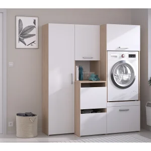 Wasmachinemeubel met opbergruimte, licht naturel en wit, B156 x H184, ERKANO Wasmachinemeubel met opbergruimte, licht naturel en wit, B156 x H184, ERKANO