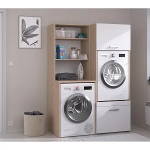 Meubel voor 2 wasmachines met opbergruimte, licht naturel, B128 x H184, ERKANO Meubel voor 2 wasmachines met opbergruimte, licht naturel, B128 x H184, ERKANO