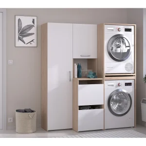 Wasmachinemeubel met opbergruimte, licht naturel en wit, B156 x H184, ERKANO Wasmachinemeubel met opbergruimte, licht naturel en wit, B156 x H184, ERKANO