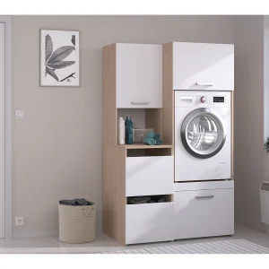 Wasmachinekast met deuren, licht naturel en wit, B111 x H184, ERKANO