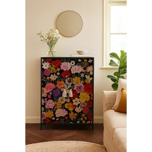 Dressoir van MDF met 2 deuren, decoratief motief Nero, meerkleurige bloemen  Portugués:
