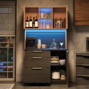 Elegant hoog keukendressoir – 100 x 40 x 180 cm – met LED-verlichting + stopcontact + deuren + lades + planken – MDF – zwart + naturel Elegant hoog keukendressoir – 100 x 40 x 180 cm – met LED-verlichting + stopcontact + deuren + lades + planken – MDF – zwart + naturel