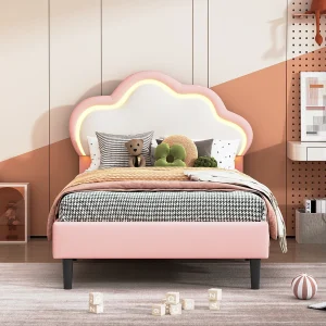 Eenpersoonsbed kind 90×200 cm wolkenhoofdeinde LED multicolor afstandsbediening, roze leren gestoffeerd frame zonder matras Eenpersoonsbed kind 90×200 cm wolkenhoofdeinde LED multicolor afstandsbediening, roze leren gestoffeerd frame zonder matras