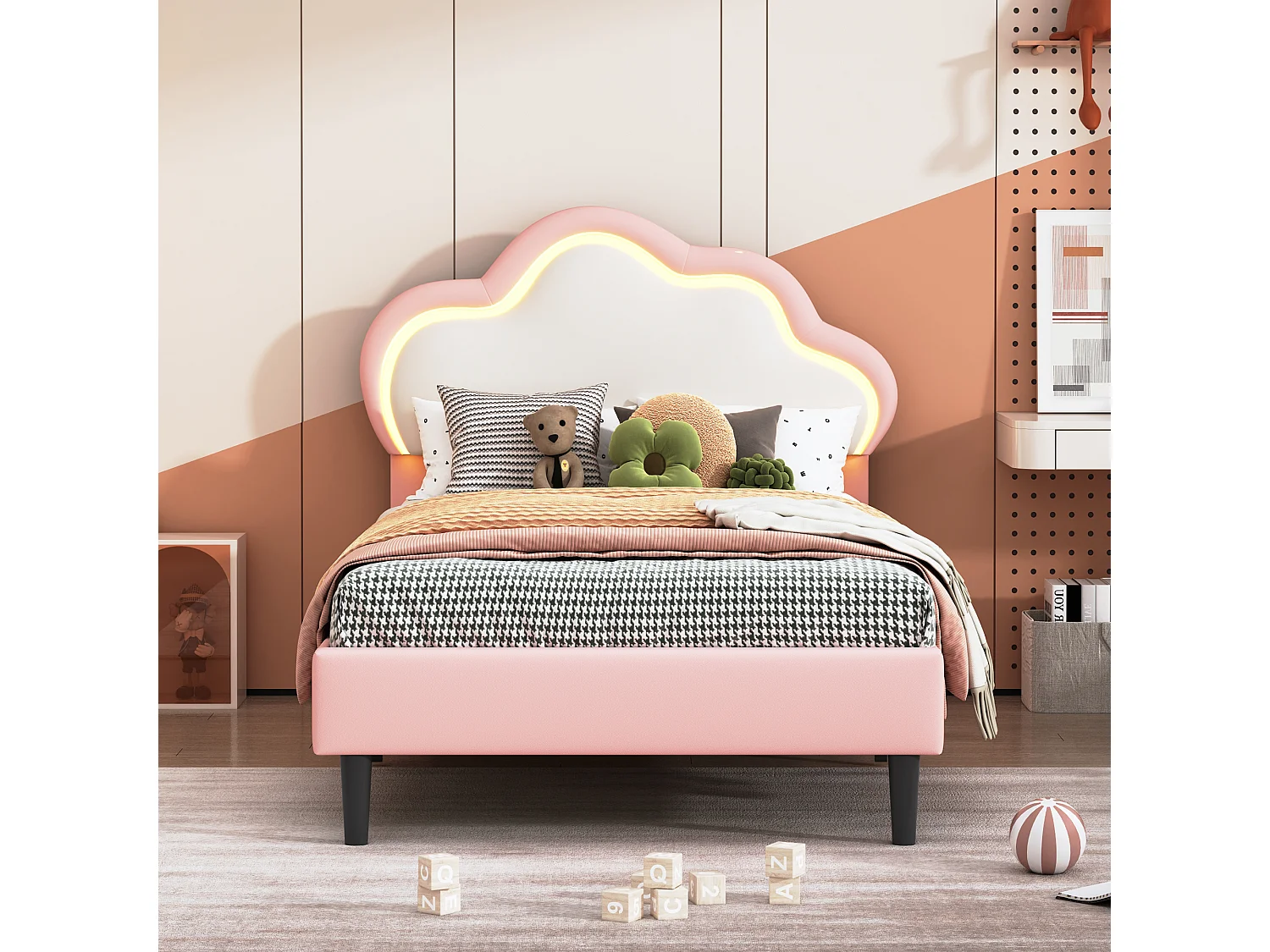 Eenpersoonsbed kind 90x200 cm wolkenhoofdeinde LED multicolor afstandsbediening, roze leren gestoffeerd frame zonder matras