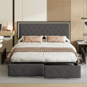 Dubbel gevoerd PU-bed met 4 laden en LED-verlichting – 140 x 200 cm – Grijs