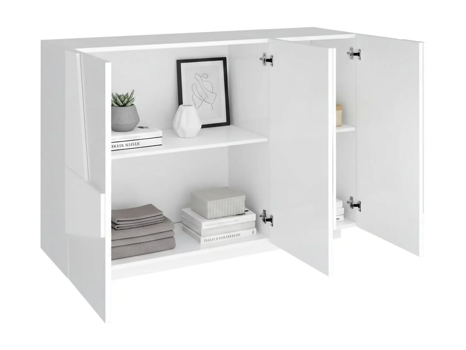 Dmora Dressoir Elia 38x121x86h cm Glanzend Wit 3 Planken 5 Vakjes, Dressoir 3 Deuren Made in Italy