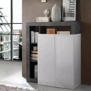 Dsmar Dressoir, Woonkamerbuffet, Woonkamerdressoir, Keukenkast, Made in Italy, 108×42 h127 cm, Glanzend wit en Leisteen Dsmar Dressoir, Woonkamerbuffet, Woonkamerdressoir, Keukenkast, Made in Italy, 108×42 h127 cm, Glanzend wit en Leisteen