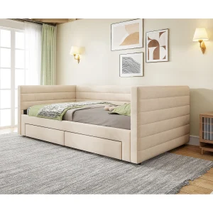 Eenpersoons slaapbank 90×190 cm, om te bouwen tot 180×190 cm, met 2 lades – Beige katoen en linnen Eenpersoons slaapbank 90×190 cm, om te bouwen tot 180×190 cm, met 2 lades – Beige katoen en linnen
