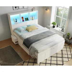 Eenpersoonsbed 90×200 cm met ledverlichting, USB/Type-C-poorten, lades en verplaatsbaar nachtkastje – Wit Eenpersoonsbed 90×200 cm met ledverlichting, USB/Type-C-poorten, lades en verplaatsbaar nachtkastje – Wit