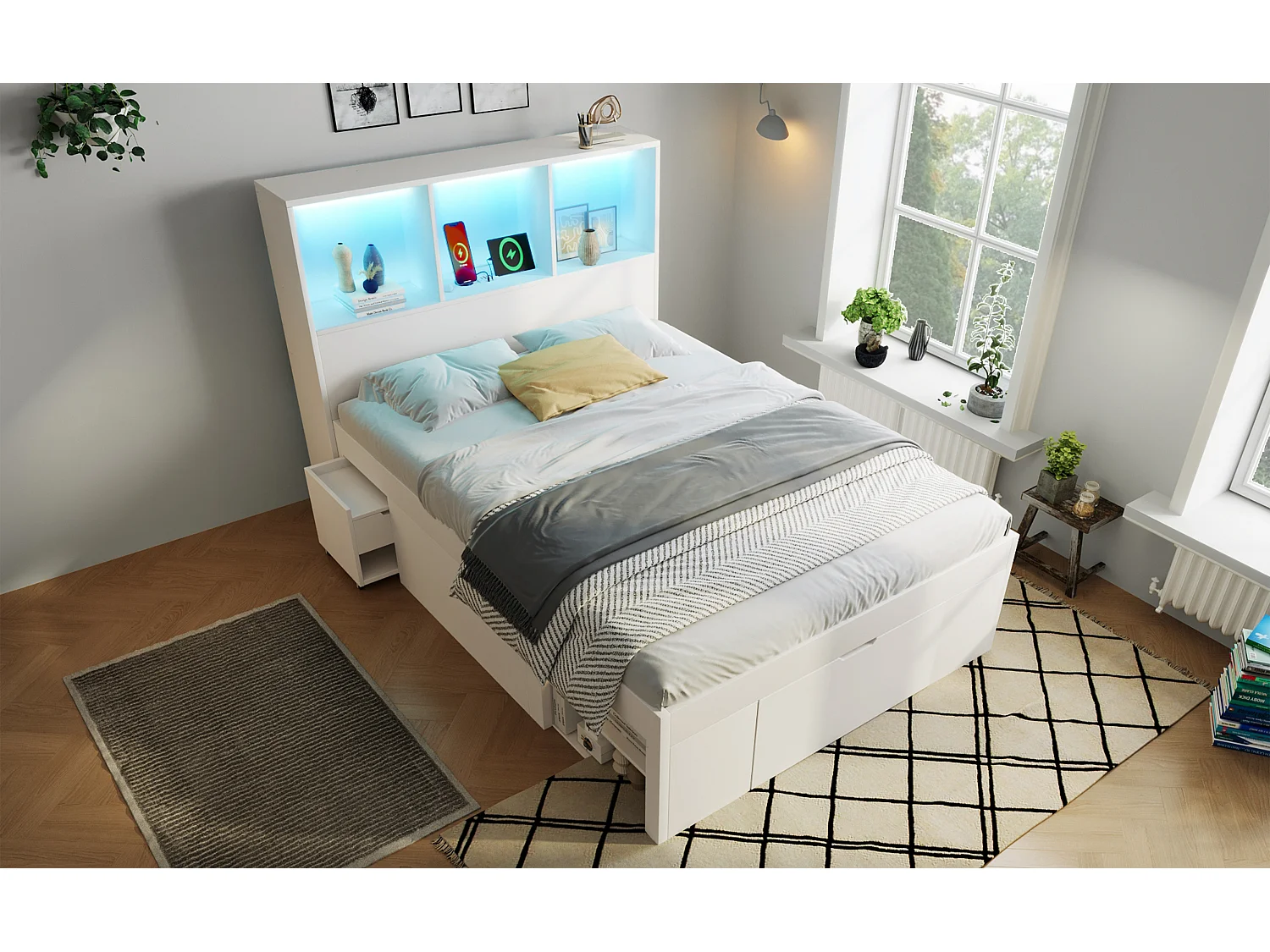 Eenpersoonsbed 90x200 cm met ledverlichting, USB/Type-C-poorten, lades en verplaatsbaar nachtkastje - Wit