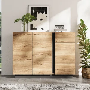 Dressoir met 4 lades en 2 deuren – Zwart en licht naturel – Voor woonkamer en keuken