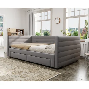 Eenpersoons slaapbank 90×190 cm, om te bouwen tot 180×190 cm, met 2 lades – Grijs katoen en linnen Eenpersoons slaapbank 90×190 cm, om te bouwen tot 180×190 cm, met 2 lades – Grijs katoen en linnen