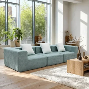 Gecomprimeerde 3-zitsbank Pure in flanel – Salie en wit Gecomprimeerde 3-zitsbank Pure in flanel – Salie en wit