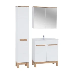 Ensemble ERMANO : meubel onder wastafel 80cm + inbouwwastafel + kolomkast met geïntegreerde wasmand + opbergmeubels met spiegels Ensemble ERMANO : meubel onder wastafel 80cm + inbouwwastafel + kolomkast met geïntegreerde wasmand + opbergmeubels met spiegels