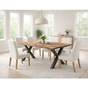 Eettafel RAFTA 180 cm – Massief teakhouten blad – Zwarte metalen X-poten Eettafel RAFTA 180 cm – Massief teakhouten blad – Zwarte metalen X-poten