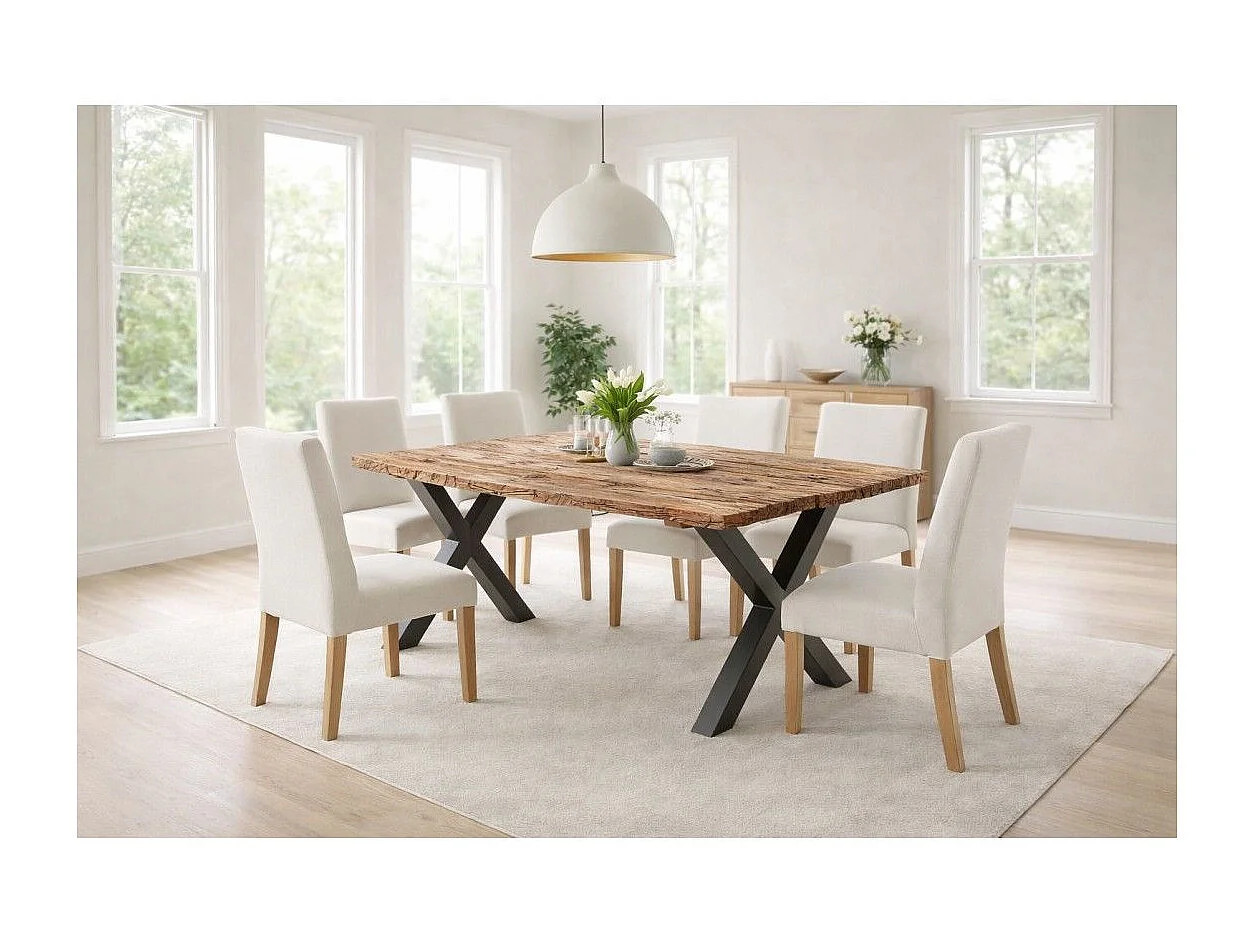 Eettafel RAFTA 180 cm - Massief teakhouten blad - Zwarte metalen X-poten