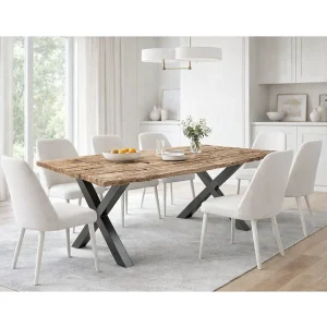 Eettafel RAFTA 220 cm – Blad van massief teakhout – Zwarte metalen X-poten Eettafel RAFTA 220 cm – Blad van massief teakhout – Zwarte metalen X-poten