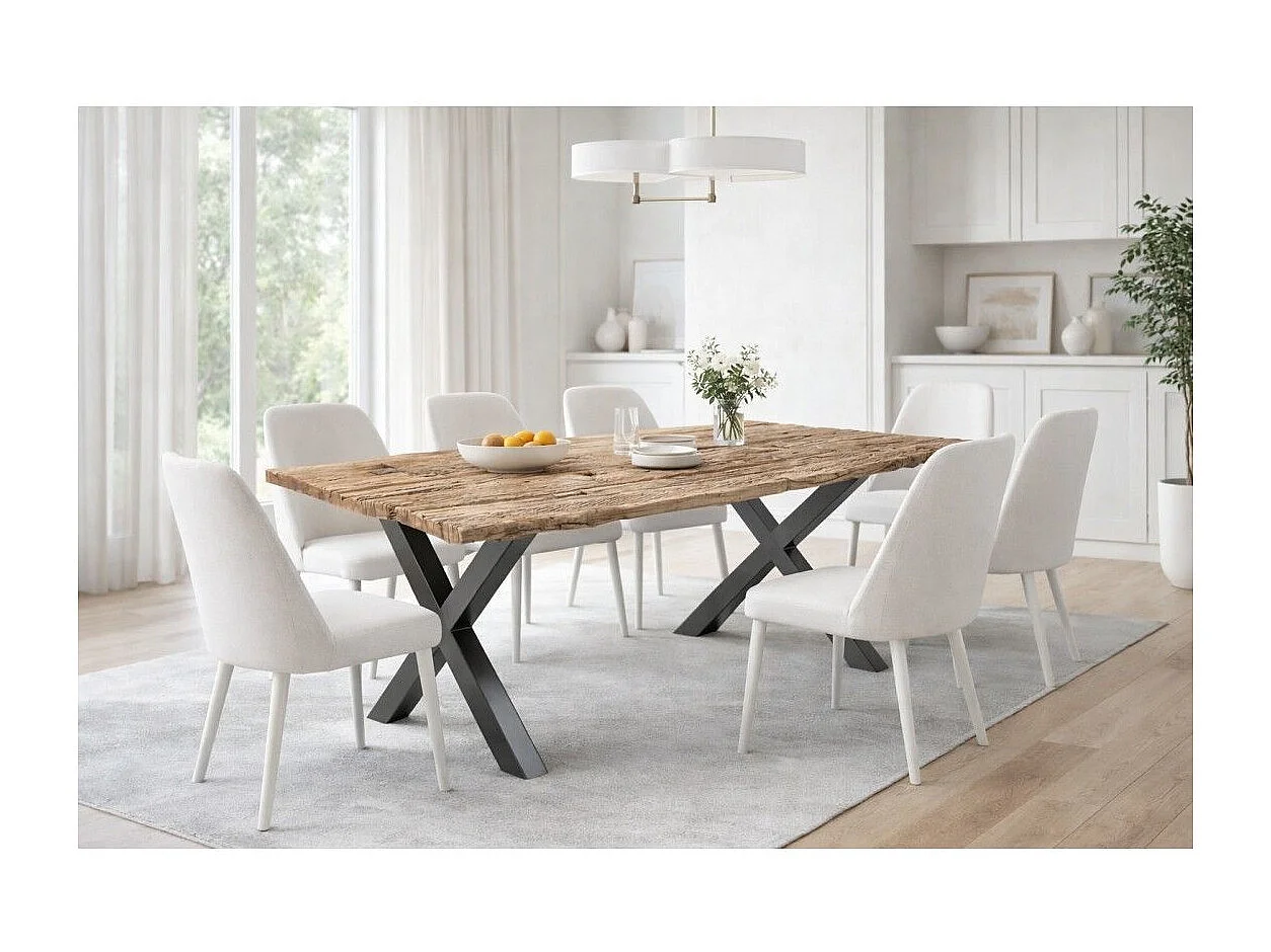 Eettafel RAFTA 220 cm – Blad van massief teakhout – Zwarte metalen X-poten