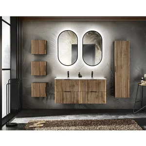 Ensemble KINOKO : meubels onder wastafel 120cm + dubbele ingebouwde witte wastafel + 2 LED spiegels + opbergmeubels Ensemble KINOKO : meubels onder wastafel 120cm + dubbele ingebouwde witte wastafel + 2 LED spiegels + opbergmeubels