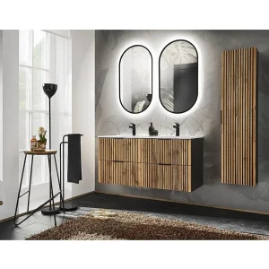 Ensemble KINOKO : meubel onder wastafel 120cm + dubbele ingebouwde witte wastafel + 2 ovale LED spiegels + kolomkast Ensemble KINOKO : meubel onder wastafel 120cm + dubbele ingebouwde witte wastafel + 2 ovale LED spiegels + kolomkast
