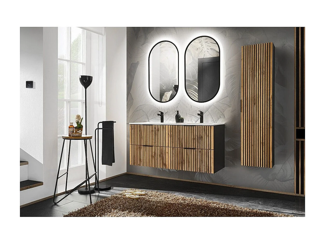 Ensemble KINOKO : meubel onder wastafel 120cm + dubbele ingebouwde witte wastafel + 2 ovale LED spiegels + kolomkast