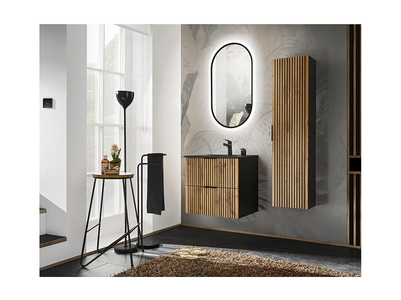 Ensemble KINOKO : meubel onder wastafel 60cm + ingebouwde zwarte wastafel + LED spiegel + opbergkolom