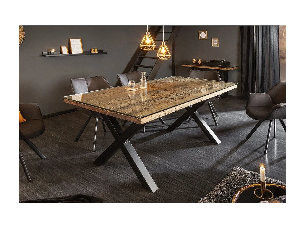 Eettafel RAFTA 180 cm – Blad van massief teakhout en gehard glas – X-vormige poten van zwart metaal