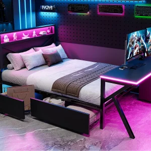Dubbel metalen bed 140x200cm – met LED-hoofdeinde – 2 lades en bureau met LED-verlichting – Zwart (Matras niet inbegrepen) Dubbel metalen bed 140x200cm – met LED-hoofdeinde – 2 lades en bureau met LED-verlichting – Zwart (Matras niet inbegrepen)