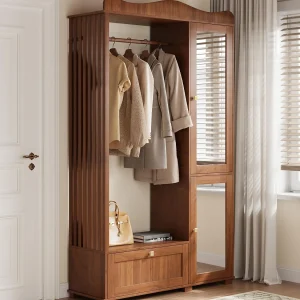 Garderobeset – 115,5×38,5×194,5 cm – met spiegel en open droogrek – 1 lade en 2 deuren – MDF – Notenhout kleur Garderobeset – 115,5×38,5×194,5 cm – met spiegel en open droogrek – 1 lade en 2 deuren – MDF – Notenhout kleur