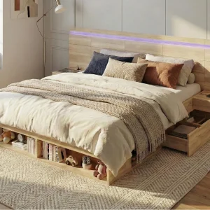 Dubbel houten bed 180x200cm – MDF – met lades en 2 nachtkastjes – LED-verlichting – USB- en Type-C-poorten – Natuur (zonder matras) Dubbel houten bed 180x200cm – MDF – met lades en 2 nachtkastjes – LED-verlichting – USB- en Type-C-poorten – Natuur (zonder matras)