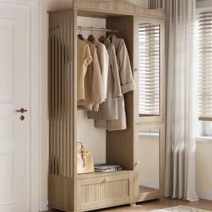 Garderobeset – 115,5×38,5×194,5 cm – met spiegel en open droogrek – 1 lade en 2 deuren – MDF – Eiken kleur Garderobeset – 115,5×38,5×194,5 cm – met spiegel en open droogrek – 1 lade en 2 deuren – MDF – Eiken kleur