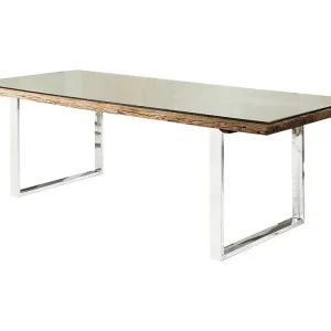 Eettafel RAFTA 180 cm – Blad van gerecycled hout en gehard glas, metalen structuur Eettafel RAFTA 180 cm – Blad van gerecycled hout en gehard glas, metalen structuur