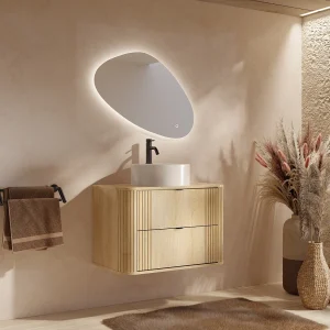 Hangend enkele wastafelmeubel met ronde opzetwastafel, licht naturel, 80 cm, FILOR Hangend enkele wastafelmeubel met ronde opzetwastafel, licht naturel, 80 cm, FILOR