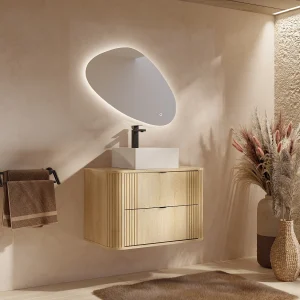 Zwevend meubel met vierkante wastafel, kraan en spiegel, licht naturel, 80 cm, FILOR