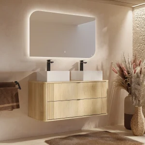 Hangend meubel met dubbele vierkante wastafel en kraan, Licht naturel, 120 cm, FILOR Hangend meubel met dubbele vierkante wastafel en kraan, Licht naturel, 120 cm, FILOR
