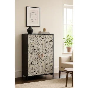 Dressoir van MDF met 2 decoratieve deuren met motief van golvende zwarte lijnen