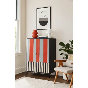 Dressoir van MDF met 2 decoratieve deuren met strepenmotief in terracotta en grijs