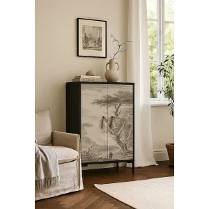 Dressoir van MDF met 2 decoratieve deuren met motief in vintage sepia-grijs