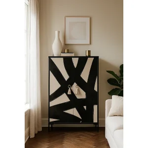 Dressoir van MDF met 2 decoratieve deuren met grafisch motief in zwart en taupe