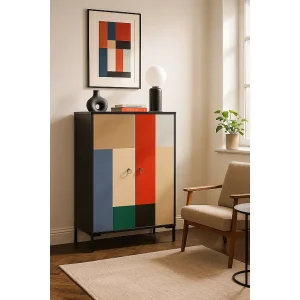 Dressoir van MDF met 2 decoratieve deuren met blokken in terracotta, beige, blauw en groen