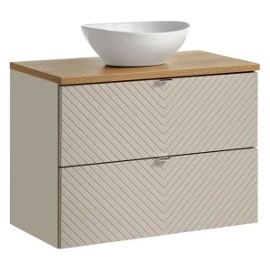 Ensemble AOKI : onderkast met lades 80cm + eikenhouten blad + ronde witte opbouwwastafel Ensemble AOKI : onderkast met lades 80cm + eikenhouten blad + ronde witte opbouwwastafel